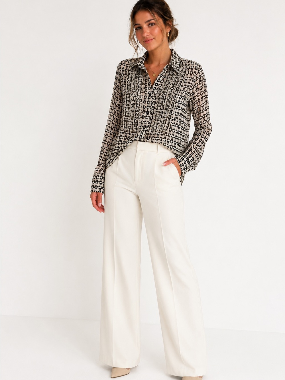 Zara Sheer Ruffle Front Button Blouse XL Black Ivory Geometric Print Chic